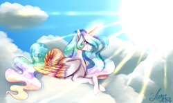 Size: 2821x1686 | Tagged: safe, artist:djspark3, imported from derpibooru, princess celestia, alicorn, pony, cloud, colored wings, crepuscular rays, female, glowing horn, high res, horn, mare, multicolored wings, on a cloud, prone, solo, sun, wings