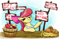 Size: 3000x2000 | Tagged: safe, artist:rocket-lawnchair, imported from derpibooru, apple bloom, earth pony, pony, apple, apron, bag of money, blatant lies, bow, buy some apples, clothes, female, food, hair bow, smiling, smug, solo