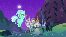 Size: 1920x1080 | Tagged: safe, artist:tardifice, deleted from derpibooru, imported from derpibooru, lyra heartstrings, pony, unicorn, canterlot, female, giant lyra heartstrings, giant pony, macro, mega lyra, moon, night