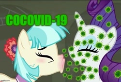 Size: 736x500 | Tagged: safe, edit, edited screencap, imported from derpibooru, screencap, coco pommel, rarity, earth pony, pony, unicorn, the saddle row review, caption, coronavirus, covid-19, covidiots, disgusting, gross, image macro, meme, pun, sick, sneezing, text, this will end in coronavirus pandemic, this will end in pandemic, too soon, virus