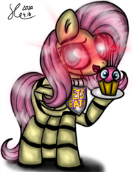 Size: 720x944 | Tagged: safe, artist:starflashing twinkle, imported from derpibooru, fluttershy, pegasus, pony, robot, robot pony, animatronic, bib, chica, crossover, cupcake, evil, female, five nights at freddy's, flutterchica, food, glowing eyes, hooves, open mouth, roboticization, solo, tail, wings