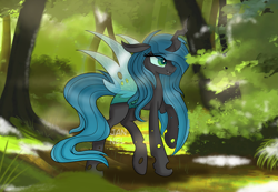 Size: 5787x3996 | Tagged: safe, artist:janelearts, imported from derpibooru, queen chrysalis, changeling, changeling queen, absurd resolution, cute, cute little fangs, cutealis, eye clipping through hair, fangs, female, forest, outdoors, sharp teeth, smiling, smirk, solo, teeth, tree