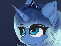 Size: 1600x1200 | Tagged: safe, artist:memengla, imported from derpibooru, princess luna, alicorn, pony, crown, ear fluff, female, horn, jewelry, mare, regalia, simple background, solo, younger
