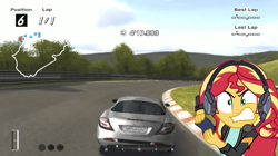 Size: 977x549 | Tagged: safe, imported from derpibooru, sunset shimmer, equestria girls, car, female, gran turismo, gran turismo 4, mclaren mercedes slr, mercedes-benz, mercedes-benz slr mclaren, mission 34, nurburgring, rage, solo, sunset shimmer frustrated at game