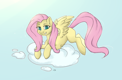 Size: 1594x1053 | Tagged: safe, artist:haruhi-il, imported from derpibooru, fluttershy, pegasus, pony, cloud, cute, female, looking at you, mare, missing cutie mark, on a cloud, smiling, solo, spread wings, three quarter view, wings