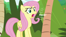 Size: 1920x1080 | Tagged: safe, edit, edited screencap, imported from derpibooru, screencap, angel bunny, fluttershy, pegasus, pony, she talks to angel, body swap, female, heck, mare, open mouth, solo, swearing, text