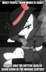 Size: 573x885 | Tagged: safe, edit, edited screencap, imported from derpibooru, screencap, rarity, pony, unicorn, sparkle's seven, caption, clothes, coat, costume, cropped, crossed legs, detective, detective rarity, fedora, hat, hat over eyes, image macro, leaning, lidded eyes, meme, monochrome, neo noir, partial color, sin city, text