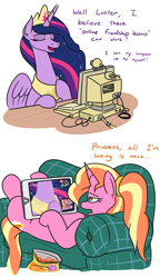 Size: 1012x1759 | Tagged: safe, artist:jargon scott, imported from derpibooru, luster dawn, twilight sparkle, oc, oc:zizzie, alicorn, pony, unicorn, the last problem, computer, coronavirus, covid-19, dialogue, duo, escii keyboard, female, hoof keyboard, long neck, mare, millennial luster dawn, necc, ponies with technology, pony keyboard, princess twilight 2.0, social distancing, tablet, twilight sparkle (alicorn)