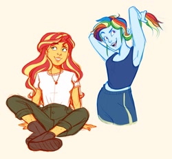 Size: 1815x1683 | Tagged: safe, artist:liviedoesart, imported from derpibooru, rainbow dash, sunset shimmer, equestria girls, armpits, blouse, clothes, jewelry, necklace, pants, shirt, shoes, shorts, sitting, standing