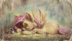 Size: 1200x693 | Tagged: safe, artist:assasinmonkey, imported from derpibooru, angel bunny, fluttershy, pegasus, pony, rabbit, animal, digital painting, duo, eyes closed, female, male, mare, prone, signature, solo focus, spread wings, wings