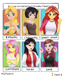 Size: 1280x1529 | Tagged: safe, artist:focusb, imported from derpibooru, fluttershy, sunset shimmer, human, six fanarts, equestria girls, anna, anna (frozen), cassandra, clothes, crossed arms, crossover, disney, disney princess, fa mulan, female, frozen (movie), misspelling, mulan, out of frame, rapunzel, tangled (disney), tangled: the series