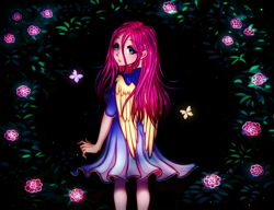 Size: 1854x1425 | Tagged: safe, artist:mite-lime, imported from derpibooru, fluttershy, human, clothes, cute, dress, humanized, looking at you, looking back, looking back at you, shyabetes, winged humanization, wings