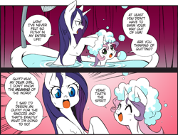 Size: 1954x1486 | Tagged: safe, artist:nekoshiei, editor:anonycat, imported from derpibooru, seven seas, rarity, sweetie belle, pony, unicorn, my little pony: the manga, my little pony: the manga volume 1, bath, bathing, bathing together, bathtub, belle sisters, bonding, colored, cropped, duo, female, filly, innocence, innocent, manga, mare, shampoo, sibling love, siblings, sisterly love, sisters, tub, washing hair, wet, wet mane, wet mane rarity