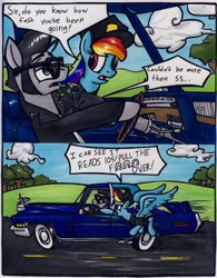 Size: 1024x1310 | Tagged: safe, artist:sketchywolf-13, imported from derpibooru, rainbow dash, oc, oc:sketchy, earth pony, pegasus, pony, cadillac, car, car interior, censored, censored vulgarity, cigarette, clothes, cloud, driving, female, jacket, lake pipes, leather jacket, male, mare, novelty censor, police officer, police uniform, road, sky, speech bubble, stallion, sunglasses, text, traditional art, vulgar, white walls, wings