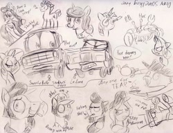 Size: 1024x785 | Tagged: safe, artist:sketchywolf-13, imported from derpibooru, rarity, twilight sparkle, oc, crab, earth pony, griffon, pony, unicorn, car, hat, horn, monochrome, sketch, sketch dump, traditional art, vulgar