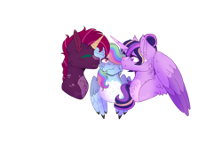 Size: 1280x906 | Tagged: safe, artist:emiedoodles, imported from derpibooru, rainbow dash, tempest shadow, twilight sparkle, alicorn, pegasus, pony, unicorn, blaze (coat marking), chest fluff, coat markings, facial markings, female, flustered, lesbian, pale belly, polyamory, prosthetic horn, prosthetics, shipping, simple background, tempestlight, tempestlightdash, transparent background, trio, twidash, twilight sparkle (alicorn), two toned wings, wings