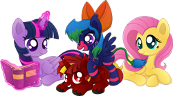 Size: 3282x1827 | Tagged: safe, artist:skunkdj, imported from derpibooru, fluttershy, twilight sparkle, oc, oc:blackswan, oc:lobo, alicorn, earth pony, hybrid, pony, book, interspecies offspring, magic, magical lesbian spawn, next generation, offspring, parent:discord, parent:fluttershy, parent:princess luna, parent:twilight sparkle, parents:discoshy, parents:twiluna, simple background, telekinesis, transparent background, twilight sparkle (alicorn)