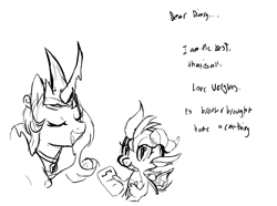 Size: 1456x1083 | Tagged: safe, artist:skulifuck, imported from derpibooru, oc, oc only, oc:snowflake, oc:verglas, demon, demon pony, dragon, original species, bust, curved horn, duo, eyes closed, female, horn, lineart, monochrome, scroll, talking