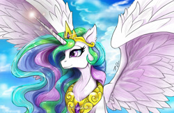 Size: 1710x1110 | Tagged: safe, artist:joselyn565, imported from derpibooru, princess celestia, alicorn, pony, bust, chest fluff, cloud, ear fluff, female, mare, sky, solo, spread wings, wings