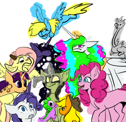 Size: 1092x1054 | Tagged: safe, artist:obscuredflower, imported from derpibooru, applejack, discord, fluttershy, pinkie pie, rainbow dash, rarity, spike, twilight sparkle, oc, alicorn, draconequus, dragon, earth pony, pegasus, pony, unicorn, female, frankenpony, gun, handgun, magic, mane seven, mane six, mare, pistol, telekinesis, weapon, x eyes