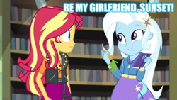 Size: 1192x670 | Tagged: safe, edit, edited screencap, imported from derpibooru, screencap, sunset shimmer, trixie, equestria girls, equestria girls series, forgotten friendship, caption, female, image macro, lesbian, meme, shipping, suntrix, text, trixie yells at everything