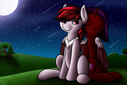 Size: 1500x1000 | Tagged: safe, artist:noctaliansfw, imported from derpibooru, oc, oc only, oc:loki smile, pegasus, pony, unicorn, eyes closed, happy, horn, hug, in love, moon, night, outdoors, pegasus oc, shipping, shooting star, sitting, smiling, stars, unicorn oc, winghug, wings