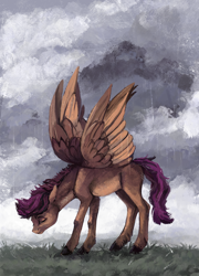 Size: 1500x2087 | Tagged: safe, artist:weird--fish, imported from derpibooru, scootaloo, pegasus, pony, cloud, cloudy, female, rain, sad, solo, spread wings, wings