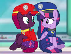 Size: 1440x1080 | Tagged: safe, artist:徐詩珮, imported from derpibooru, fizzlepop berrytwist, tempest shadow, twilight sparkle, alicorn, pony, unicorn, series:sprglitemplight diary, series:sprglitemplight life jacket days, series:springshadowdrops diary, series:springshadowdrops life jacket days, alternate universe, base used, broken horn, chase (paw patrol), clothes, cute, cutie mark, cutie mark on clothes, dress, eyelashes, female, grin, hat, helmet, horn, lesbian, mare, marshall (paw patrol), paw patrol, paw prints, shipping, sitting, smiling, tempestlight, twilight sparkle (alicorn)