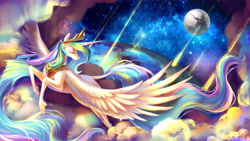 Size: 11339x6378 | Tagged: safe, artist:shu-jeantte, imported from derpibooru, princess celestia, pony, absurd resolution, earth, female, flying, mare in the moon, meteor, moon, solo, space