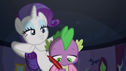 Size: 1920x1080 | Tagged: safe, imported from derpibooru, screencap, rarity, spike, dragon, pony, unicorn, dragon dropped, duckface, duo, female, male, mare, quill, spike's room, twilight's castle, winged spike, wings