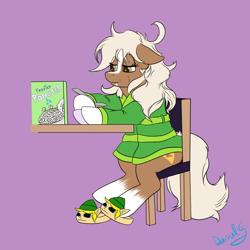 Size: 1500x1500 | Tagged: source needed, safe, artist:darnelg, imported from derpibooru, earth pony, pony, bathrobe, clothes, eating, epona, female, mare, messy mane, ponified, robe, sitting, slippers, solo, the legend of zelda, tired, tired eyes