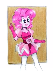 Size: 2322x3096 | Tagged: safe, artist:liaaqila, imported from derpibooru, pinkie pie, equestria girls, crossover, female, peace sign, pink diamond (steven universe), solo, steven universe, traditional art