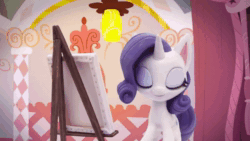 Size: 800x450 | Tagged: safe, imported from derpibooru, screencap, rarity, pony, unicorn, my little pony: pony life, my little pony: stop motion short, rarity's paintful pony portrait, animated, beret, drawing, easel, female, g4.5, gif, happy, hat, looking at something, magic, pencil, solo, stop motion, telekinesis