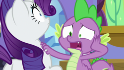 Size: 1920x1080 | Tagged: safe, imported from derpibooru, screencap, rarity, spike, dragon, pony, unicorn, dragon dropped, duo, female, male, mare, mawshot, open mouth, uvula