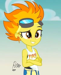 Size: 850x1050 | Tagged: safe, artist:rjp.rammy, imported from derpibooru, spitfire, equestria girls, clothes, cloud, crossed arms, ear piercing, earring, equestria girls-ified, female, goggles, grin, jewelry, pants, piercing, sky, sleeveless, smiling, solo, sweatpants, tanktop
