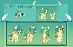 Size: 1530x994 | Tagged: safe, artist:skulifuck, imported from derpibooru, oc, oc only, oc:quill quiver, pegasus, pony, abstract background, baby, baby pony, base used, colored hooves, female, filly, mare, open mouth, pegasus oc, quill, reference sheet, smiling, wings