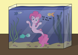 Size: 3508x2480 | Tagged: safe, artist:onlymeequestrian, imported from derpibooru, pinkie pie, fish, pony, seapony (g4), against glass, fish tank, glass, seaponified, seapony pinkie pie, species swap, trapped, underhoof, when she doesn't smile