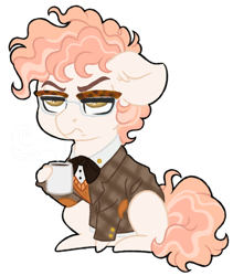 Size: 1024x1212 | Tagged: safe, artist:azure-art-wave, imported from derpibooru, oc, oc only, oc:marshal trim, earth pony, pony, adoragrump, blazer, bowtie, chibi, clothes, coffee mug, crack ship offspring, grumpy, male, mug, offspring, parent:mayor mare, parent:svengallop, shirt, simple background, sitting, solo, stallion, sweater vest, transparent background