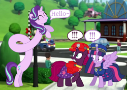 Size: 1528x1080 | Tagged: safe, artist:stellardusk, artist:徐詩珮, imported from derpibooru, fizzlepop berrytwist, starlight glimmer, tempest shadow, twilight sparkle, alicorn, pony, unicorn, series:sprglitemplight diary, series:sprglitemplight life jacket days, series:springshadowdrops diary, series:springshadowdrops life jacket days, alternate universe, base used, chase (paw patrol), clothes, cute, dialogue, female, glimmerbetes, lesbian, long glimmer, mare, marshall (paw patrol), paw patrol, shipping, skye (paw patrol), speech bubble, tempestlight, twilight sparkle (alicorn)