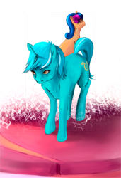 Size: 738x1080 | Tagged: safe, artist:netkarma, imported from derpibooru, bon bon, lyra heartstrings, sweetie drops, earth pony, pony, unicorn, abstract background, duo, female, mare, music notes