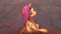 Size: 1920x1080 | Tagged: safe, artist:netkarma, imported from derpibooru, fluttershy, pegasus, pony, abstract background, autumn, bust, female, leaves, looking at you, looking sideways, mare, melancholy, sad, solo, stray strand, wings