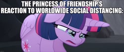 Size: 1920x808 | Tagged: safe, edit, edited screencap, imported from derpibooru, screencap, twilight sparkle, alicorn, pony, my little pony: the movie, caption, coronavirus, covid-19, crying, image macro, princess of friendship, social distancing, text, twilight sparkle (alicorn)