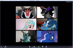 Size: 2048x1349 | Tagged: safe, imported from derpibooru, cozy glow, grogar, king sombra, lord tirek, princess luna, queen chrysalis, antagonist, coronavirus, covid-19, discovery family, evil, legion of doom, official, social distancing, zoom, zoom (internet)