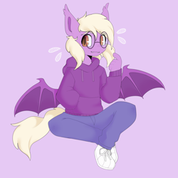 Size: 2000x2000 | Tagged: safe, artist:vert_glamis, imported from derpibooru, oc, oc only, oc:pinkfull night, anthro, bat pony, anthro oc, bat pony oc, bat wings, clothes, cute, cute little fangs, ear tufts, fangs, female, filly, glasses, hoodie, jeans, looking at you, nervous, pants, pink background, shoes, shy, simple background, sitting, slit eyes, slit pupils, smiling, sneakers, solo, spread wings, sweater, teenager, wings