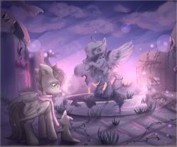 Size: 2400x2000 | Tagged: safe, artist:zefirka, imported from derpibooru, oc, oc:dante fly, hybrid, pony, clothes, cloud, crossover, half bat pony, male, rain world, ruins, scarf, sky, slugcat, sunrise