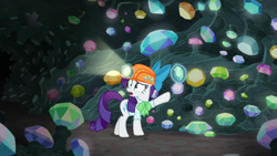 Size: 1920x1080 | Tagged: safe, imported from derpibooru, screencap, rarity, pony, unicorn, dragon dropped, clothes, female, gem, gem cave, headlamp, helmet, magic, magic aura, mare, mining helmet, raised hoof, solo, telekinesis