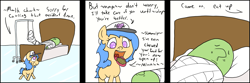 Size: 1305x434 | Tagged: safe, artist:happy harvey, imported from derpibooru, oc, oc only, oc:anon, oc:little league, earth pony, human, pony, adult, bed, caring, caring for the sick, cast, chewing, colored pupils, comic, dialogue, drawn on phone, eating, feeding, female, filly, food, in bed, male, phone drawing, talking with your mouth full, walking