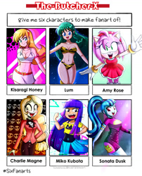 Size: 1220x1510 | Tagged: safe, artist:the-butch-x, imported from derpibooru, sonata dusk, anthro, demon, hedgehog, human, six fanarts, equestria girls, :d, amy rose, breasts, charlie magne, charlie morningstar, cleavage, clothes, crossover, cute, cutey honey, cutie honey, female, glitch techs, hazbin hotel, honey kisaragi, lum invader, miko kubota, minidress, open mouth, smiling, sonatabetes, sonic the hedgehog (series), taco dress, urusei yatsura