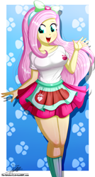 Size: 1020x1900 | Tagged: safe, artist:the-butch-x, imported from derpibooru, fluttershy, eqg summertime shorts, equestria girls, equestria girls series, pet project, adorasexy, beautiful, beautisexy, bow, breasts, busty fluttershy, clothes, commission, cute, female, hair bow, happy, legs, open mouth, paw prints, sexy, shyabetes, signature, skirt, solo, thighs