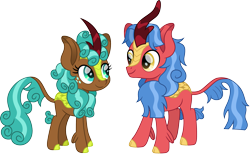 Size: 2429x1500 | Tagged: safe, artist:cloudy glow, artist:cloudyglow, imported from derpibooru, biscuit, spur, kirin, cloven hooves, colored hooves, cute, duo, female, freckles, kirin-ified, looking at each other, male, simple background, species swap, spurbetes, transparent background